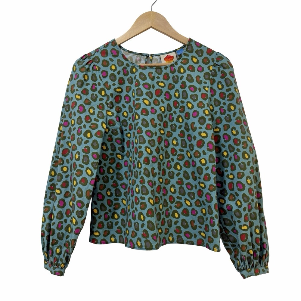 Anthropologie Farm Rio Womens Hanya‎ Puff Sleeve Blouse Top Size XS Leopard Blue